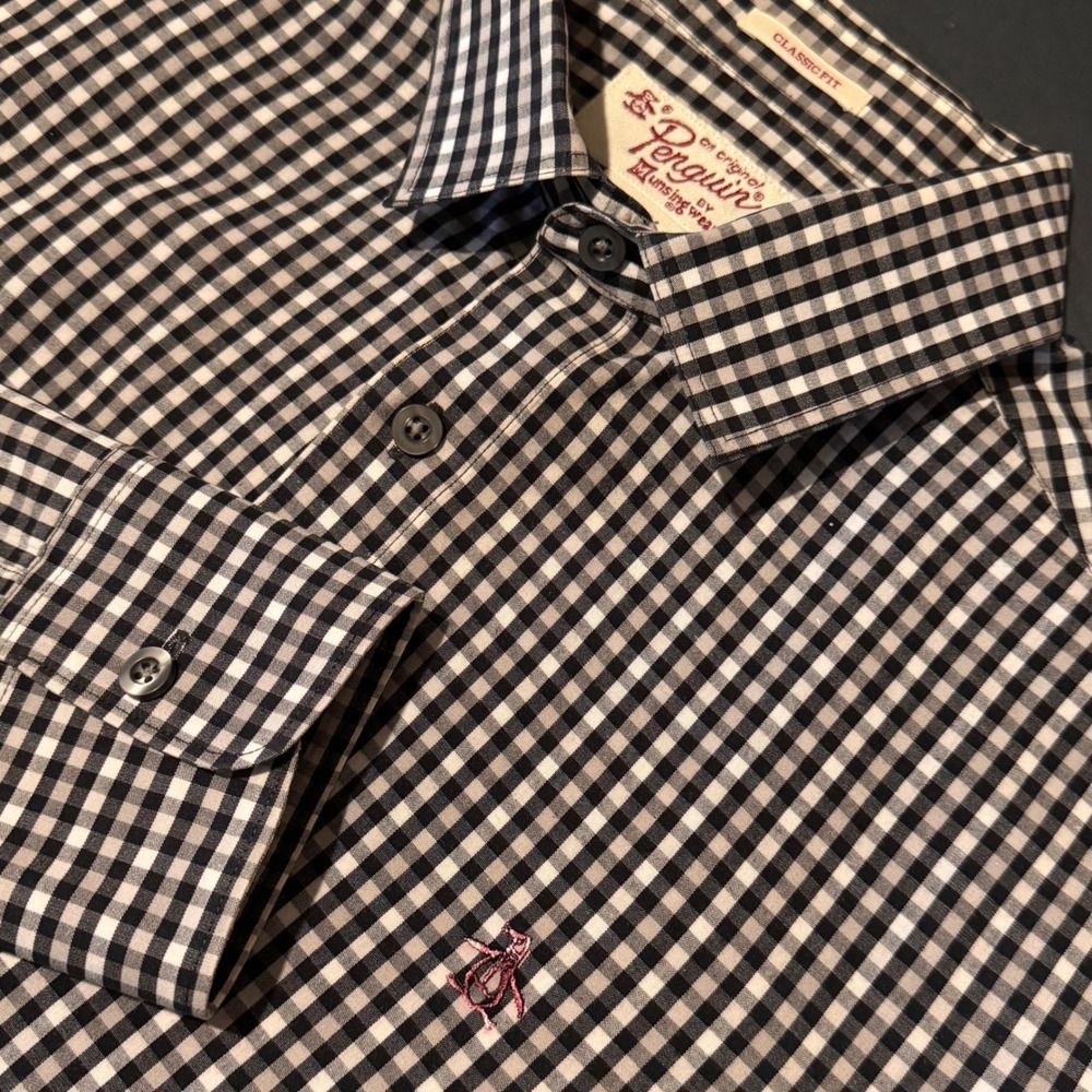 Penguin Munsingwear Gingham Button Shirt Classic Long Sleeve Checkered Mens M‎